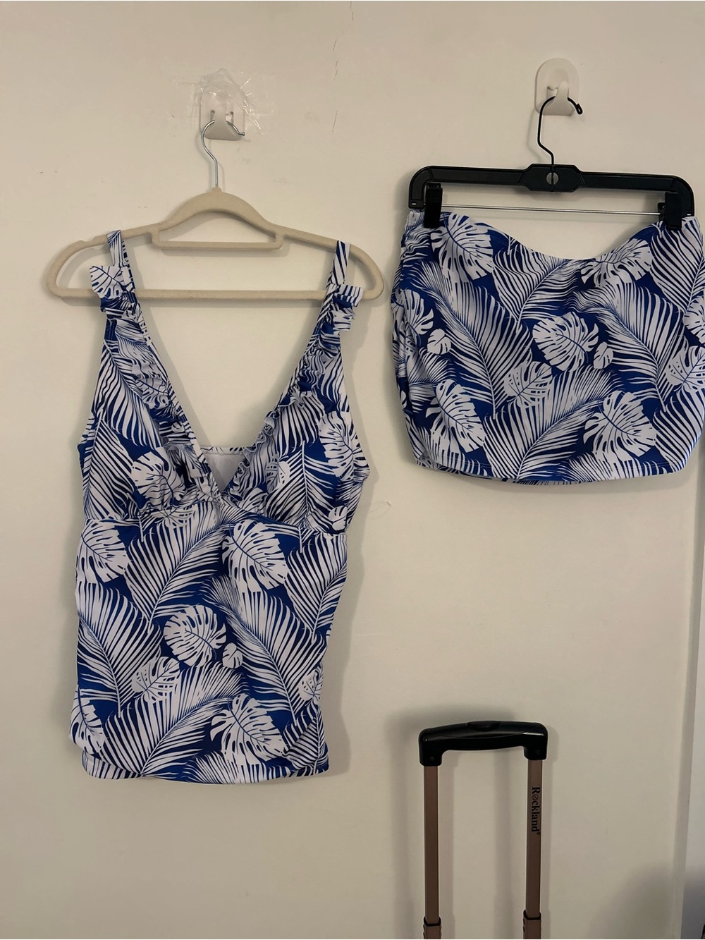 Blue & White Tropical Print Women's Tankini Swim Suit Set Matching Swim Skirt XL